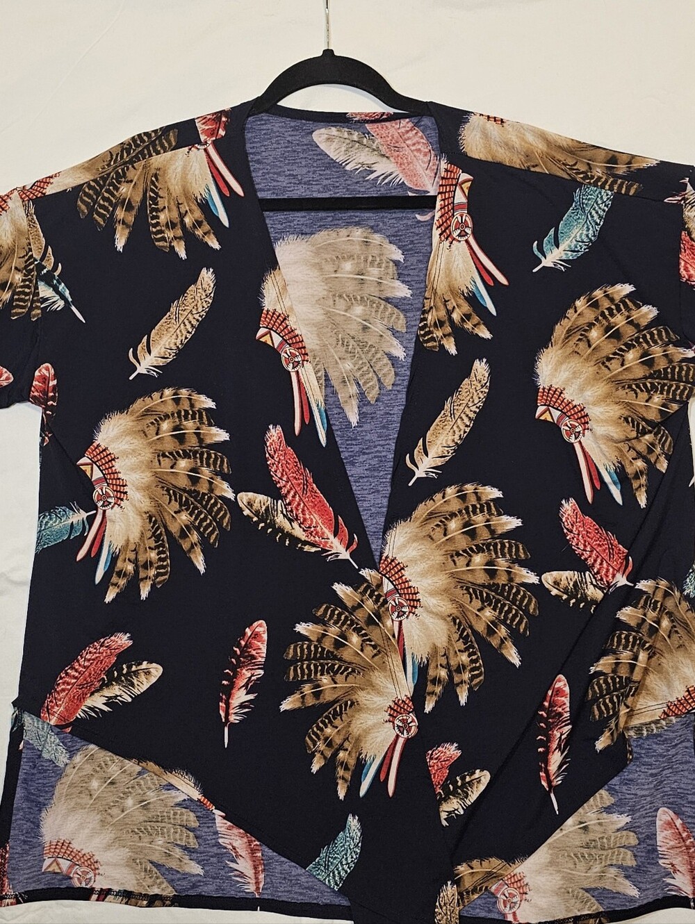 Navy Feather And Headdress Open Front Oversized Kimono Women Size Medium